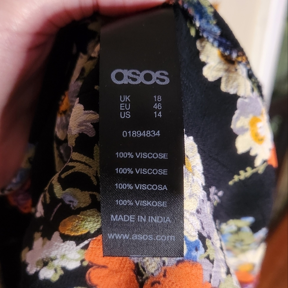 ASOS Floral Wrap Mini Dress Long-sleeve Sz 14 Viscose Tie Bow Black Tulip Skirt - Picture 8 of 8
